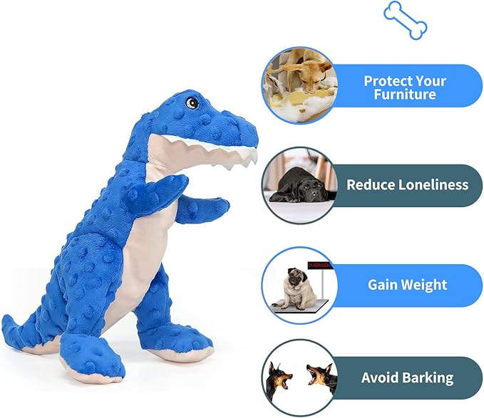 DODODOLA Dog Toys Dinosaur Dog Toy Blue Stuffed Animals Chew Toy Plush Squeaky Dog Birthday Toys for Small Large Big Dogs-PawvioPets