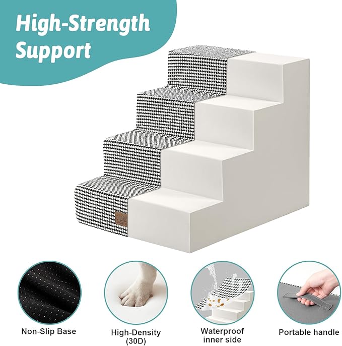 Dog Stairs for Small Dogs, 4 Tier Wider Pet Stairs for Couch and Beds, 17.7" H Non-Slip Dog Steps for Old Cats, Puppy, Small Medium Dogs, 17.7x23.6x17.7 inch, White Black-PawvioPets