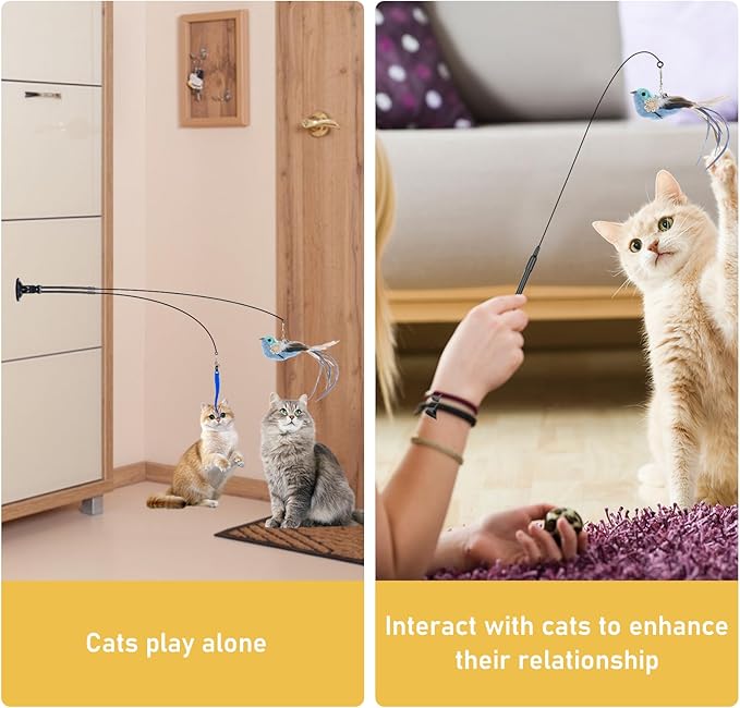 Cat Feather Toys, 14PCS With 2 Slots Super Suction Cup, Detachable 2PCS Wand & 11PCS Replacement Teaser Refills With Bell, Interactive Toy for Indoor Cats Kitten Play Exercise-PawvioPets