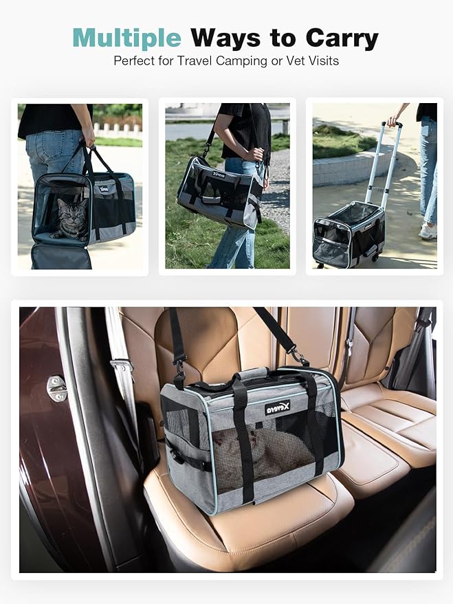 Cat Dog Carrier with Wheels Airline Approved Rolling Pet Carrier with Telescopic Handle, Shoulder Strap and Pet Bowl, Grey-PawvioPets