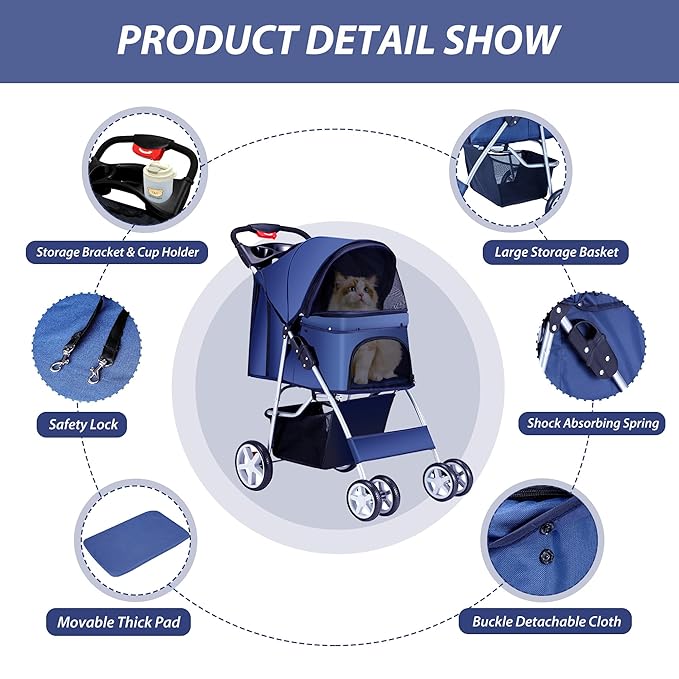 4 Wheels Pet Stroller for Small Medium Dogs Cats 10-33 lbs, Foldable Dog and Cat Stroller with Cup Holder & Storage Basket & Breathable Mesh, Pet Strolling Cart for All-Season, Navy Blue-PawvioPets