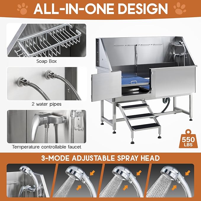 Albott 60 Inch Stainless Steel Dog Washing Station with Anti-Slip Steps, Sprayer, Faucet, Soap Box, Tow Rope – Professional Pet Bathtub for Large Pets, Ideal for Home, Garage, and Grooming(Left)-PawvioPets