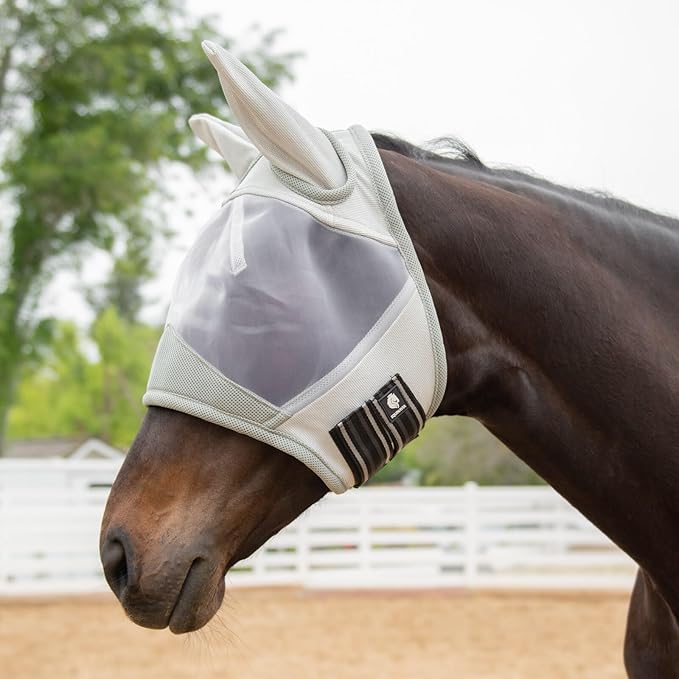 Equinavia Algard Soft Mesh Horse Fly Mask with Ear Protection and 45 UPF Rating | No Eye Irritation & UV Protection - Silver - Warmblood-PawvioPets
