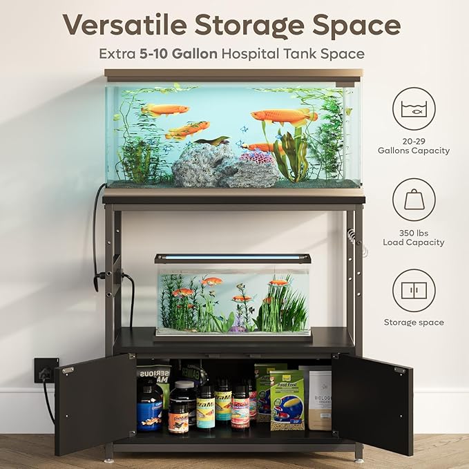 Bestier 20-29 Gallon Fish Tank Stand with Power Outlets, Metal Long Aquarium Stand with Storage Cabinet, 31x15 Reptile Terrarium Stand with Horizontal Gold Line, Stainless Hooks, 350 Lbs(Black)-PawvioPets