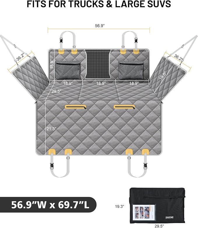 Back Seat Extender for Dog, Waterproof Dog Car Seat Cover for Back Seat, Hard Bottom Car Seat Cover, Large Space Hammock for Full-Size Crewcab Trucks, Pet Seat Cover Holds 450lbs(Grey)-PawvioPets