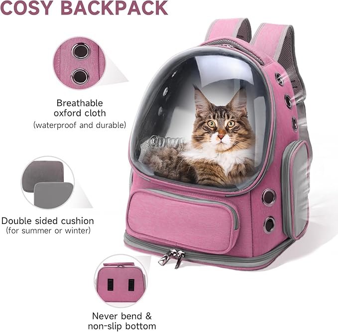 Cat Backpack Carrier, Breathable Cat Carrier Large Space Bubble Pet Backpack for Kitty Small Dog up to 15lbs, Transparent & Foldable Pet Carrier for Travel Hiking（Pink）-PawvioPets