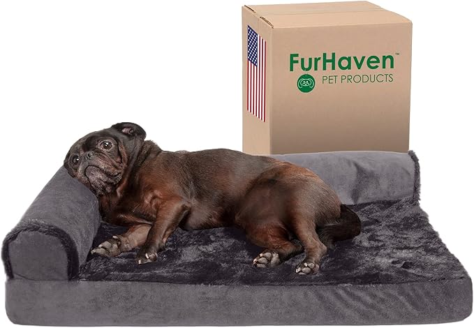 Furhaven Cooling Gel Dog Bed for Medium/Small Dogs w/ Removable Bolsters & Washable Cover, For Dogs Up to 35 lbs - Plush & Velvet L Shaped Chaise - Platinum Gray, Medium-PawvioPets