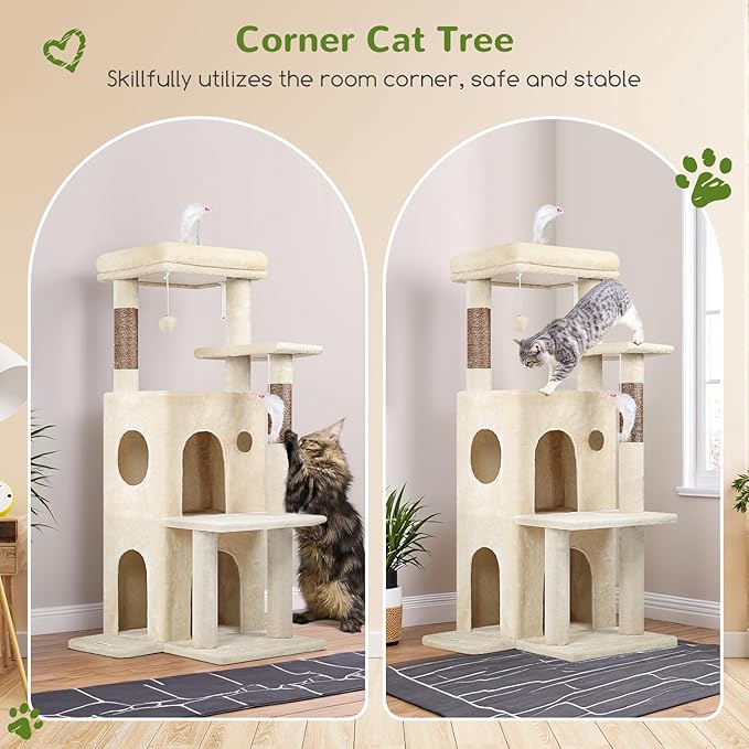 Globlazer Cat Tree Tower for Indoor Cats, 50-inch Adult Cat Tree House for Large Adult Cats with Steps, Scratching Post, 2 Cat Caves, Dangling Toys, FC50, Beige-PawvioPets