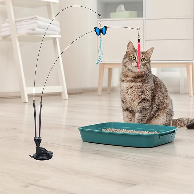 Cat Feather Toys, 14PCS With 2 Slots Super Suction Cup, Detachable 2PCS Wand & 11PCS Replacement Teaser Refills With Bell, Interactive Toy for Indoor Cats Kitten Play Exercise-PawvioPets