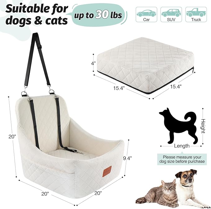Dog Car Seat for Medium Dogs,Easy to Install with Adjustable Straps,Anti-Slip Bottom,Fully Detachable and Washable,Soft Fabric Fill in Memory Foam,Two Side Pockets(Beige,Medium)-PawvioPets