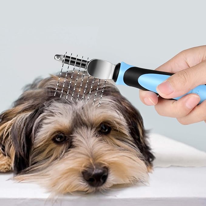 Flexzion Dogs Dematting Comb, Stainless Steel Blades Rakes, for Pets Cats Animals Matted Knotted Hair, Brush Cutting Removing Grooming Tool with Smooth Teeth Needle - Black & Blue Handle-PawvioPets