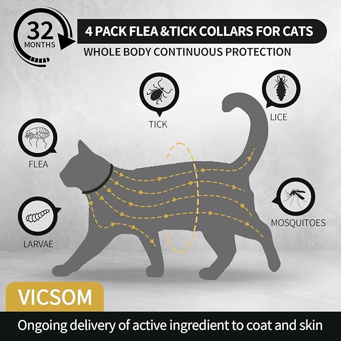 4 Pack Flea and Tick Collar for Cats, 32 Months Treatment, Waterproof Adjustable Kitten Flea Collar, Flea Prevention, Black-PawvioPets