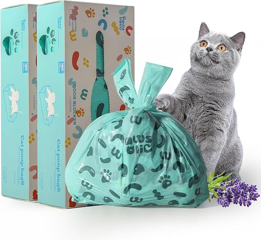 Cat Litter Bags Biodegradable 100% Leak-Proof Cat Poop Bags with Handle, 360 Counts, Cornstarch Based Extra Thick, Easy Tie Pet Waste Pick Up Bag (Lavender Scented)-PawvioPets