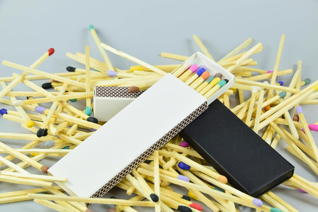 Chandler Studio 10 Boxes - Wooden Matchsticks in a Blank Matchbox with White/Black Matchboxes Colorful Tips (4" Matchboxes, 10 Boxes)