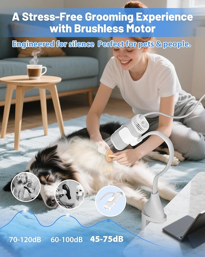 2-in-1 Hands-Free Dog Hair Dryer with Table Clamp – Low Noise Pet Grooming Dryer for Dogs & Cats, Adjustable Heat & Speed, Wearable or Desktop Use(Gray)-PawvioPets