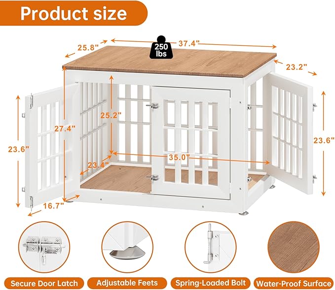 32" Heavy Duty Dog Crate Furniture for Small,Medium and Large Dogs,Rustic Wooden Dog Cage Kennel Indoor Furniture with Waterproof Top,Decorative Pet House Side End Table (White & Wood)-PawvioPets