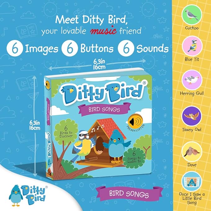 Ditty Bird Animal Sounds Book for Toddlers – Interactive Book Featuring Cuckoo, Blue Tit, Herring Gull, Tawny Owl & Dove Sounds | Musical Board Book for Ages 1-3 | Perfect Educational Gift for Toddler-PawvioPets