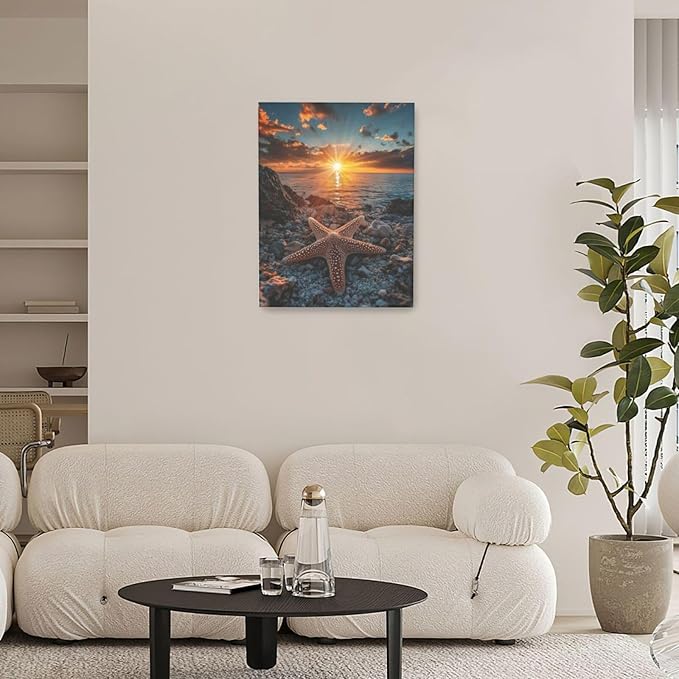 Beach Starfish Wall Decor Ocean Starfish Wall Art Sunset Scenery Coastal Theme Pictures Canvas Nature Seascape Painting Print Framed Artwork Decorations for Home Bathroom Living Room Bedroom Office 12"x16"-PawvioPets