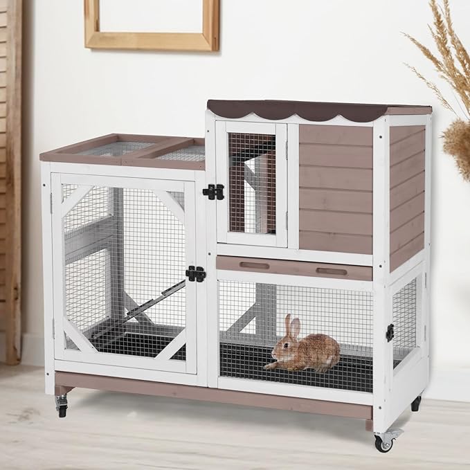 Aivituvin Rabbit Cage Indoor Outdoor Bunny Hutch on Wheels, 2 Story Wood Guinea Pig Cages with 2 Deeper Pull Out Trays-PawvioPets