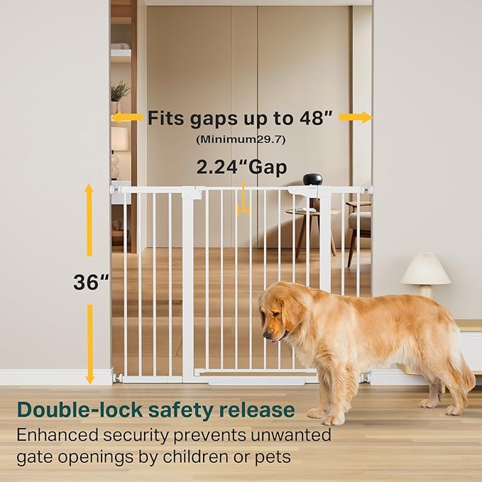 Cumbor 36" Extra Tall Baby Gate for Stairs, 29.7-48" Wide Dog Gates for Doorways, Auto Close Safety Gate for Babies and Pets, Easy Install, Pressure Mounted, Fits Doorways, Stairs, Entryways, White-PawvioPets