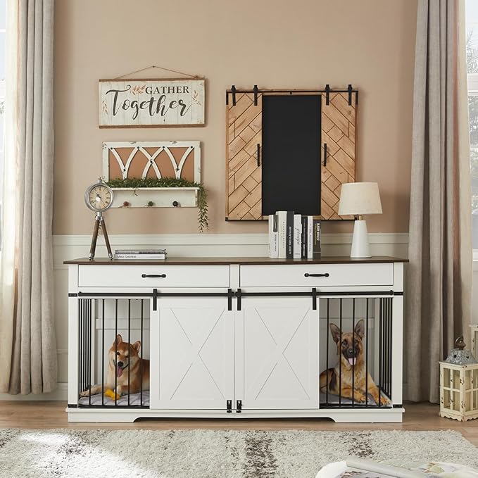 EDYO LIVING 72.5" Large Dog Crate Furniture for 2 Dogs, Wooden Dog Kennel with Drawers, Divider, Sliding Barn Door, Water Resistant Indoor Furniture Style Double Dog Crates, White-PawvioPets