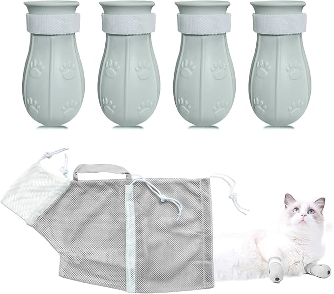 Anti-Scratch Silicone cat Shoes,Cat Claw Covers,Adjustable Multifunctional Anti-Bite Shower net Bag，Cat Grooming Mesh Bag,Cat Bathing Bag(Grey-2)-PawvioPets