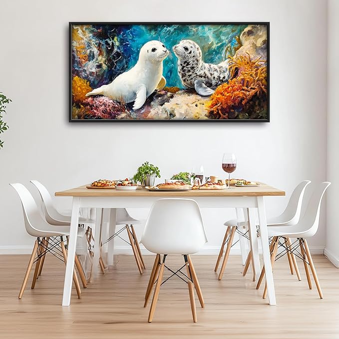 Extra Large Seal Framed Wall Art for Living Room,Oversized Underwater Animal Pictures Wall Decor,Ocean Coral Reef Canvas Print Painting Modern Artwork Bedroom Office Bathroom 60L" x 30W"-PawvioPets