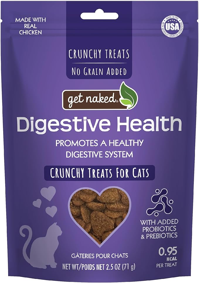 Get Naked Digestive Health Crunchy Cat Treats 2.5oz - Chicken Flavor, Grain-Free Cat Probiotics for Indoor Cats, Supports Healthy Digestion, Dental Health & Immunity, Made in The USA-PawvioPets