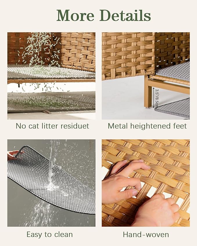 Cat Litter Box Enclosure Hidden Litter Box Furniture with Metal Heightened Feet, Rattan Handwoven Cat House with Litter Mat, Hidden Litter Box Furniture for Bedroom Living Room Natural-PawvioPets