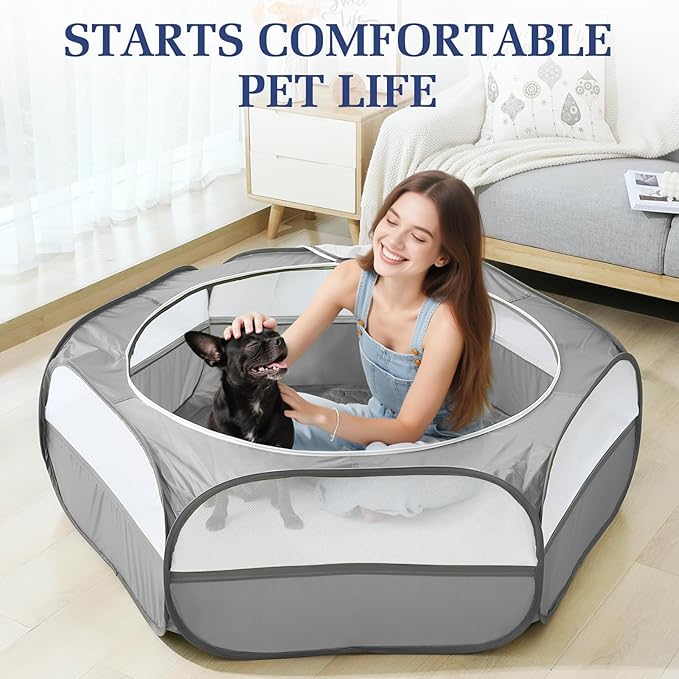 2-in-1 Small Animals Playpen with Pad, Waterproof Small Pet Cage Tent with Reusable Pad, Portable Outdoor Yard Fence with 3 Metal Rod for Chick/Kitten/Puppy/Guinea Pig/Rabbits/Chinchillas, Gray-PawvioPets