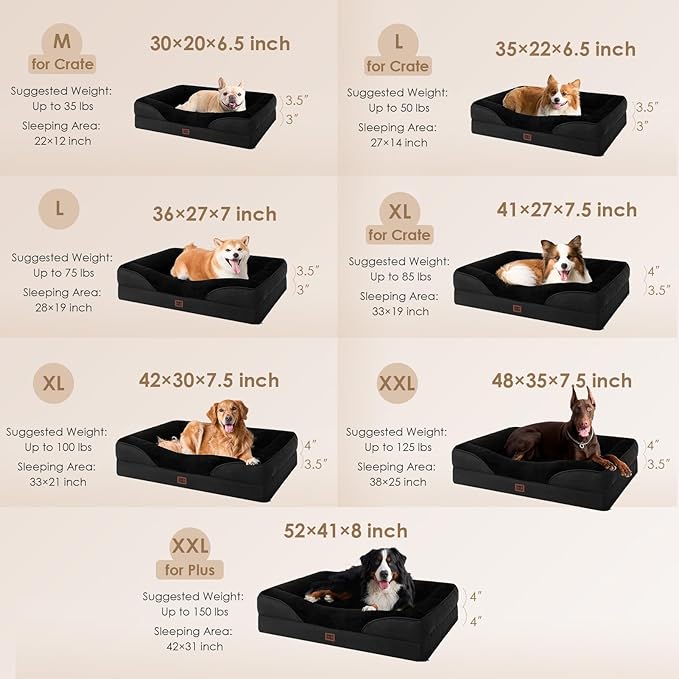 EHEYCIGA Memory Foam Dog Bed for Large Sized, Orthopedic Dog Sofa with Sides and Waterproof Liner, Washable Bolster Pet Couch with Removable Cover, 41x27x7.5 Inch, Black-PawvioPets