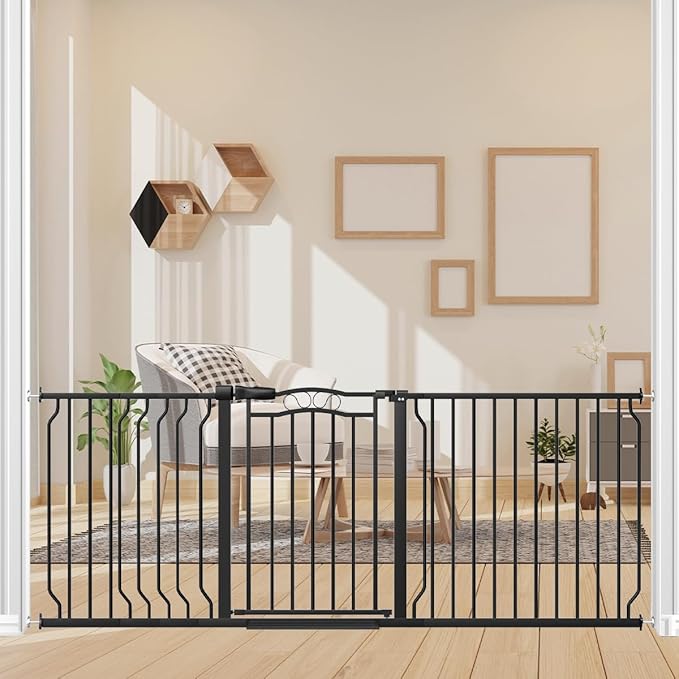 67.3-81.1" Extra Wide Baby Gate for Stairs No Drilling, 30" Tall Auto Close Press Mounted Baby Gate for Doorways, Adjustable Width Walk Through Long Gates for Kids or Pets, Black-PawvioPets