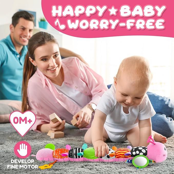 Baby Toys 0-6-12 Months,Musical Caterpillar Stuffed Animals Activity Infant Toys with Crinkle,Rattles,Mirror&Pull String,Muti-Sensory Toys Gifts for Newborn Tummy Time,Candy Pink|Leafy-PawvioPets