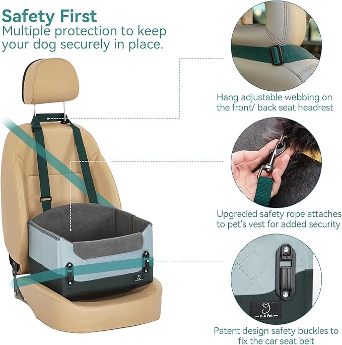 A 4 Pet Dog Car Seats for Small Dogs, Booster Car Seat with Patent Buckles & Clip-On Safety Leash, Pet Seat for Puppy Small Dogs Cats Under 25 Lbs, Green-PawvioPets