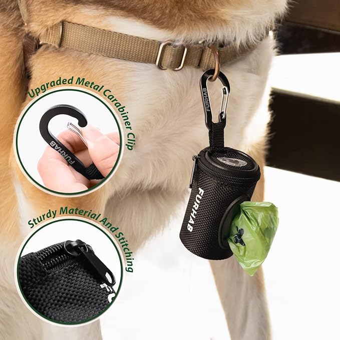 Dog Poop Bag Holder for Leash Doggie Waste Bag Dispenser Soft Fabric Puppy Potty Carrier Small Doggy Zipper Pouch with Carabiner Clip with 1 Roll of Pet Trash Bags, Black-PawvioPets