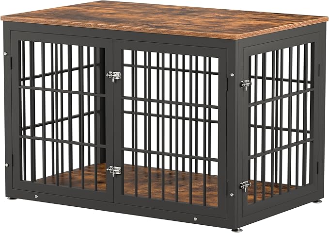 48 Inch Rustic Heavy Duty Dog Crate Furniture for Extra Large Dogs, Decorative Pet House End Table, Wooden Cage Kennel Furniture Indoor, Black and Brown-PawvioPets