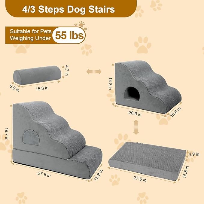Dog Stairs for Small Dogs 19.7" H, 4-Step Dog Steps for High Bed, High-Density Foam Curved Pet Stairs with Non-Slip Removable Washable Cover to Get on Bed-PawvioPets