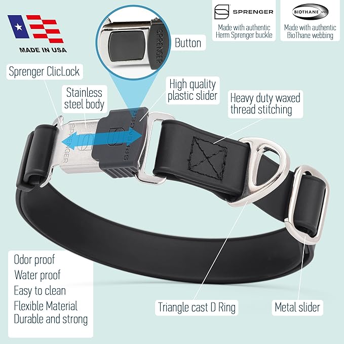 Dogline Biothane Waterproof Dog Collar with Herm Sprenger Stainless Steel Quick Release Buckle – Heavy Duty Tactical Durable Collar for Dogs – Comfortable and Safe Pet Collar, W 1" L 15-25", Black-PawvioPets