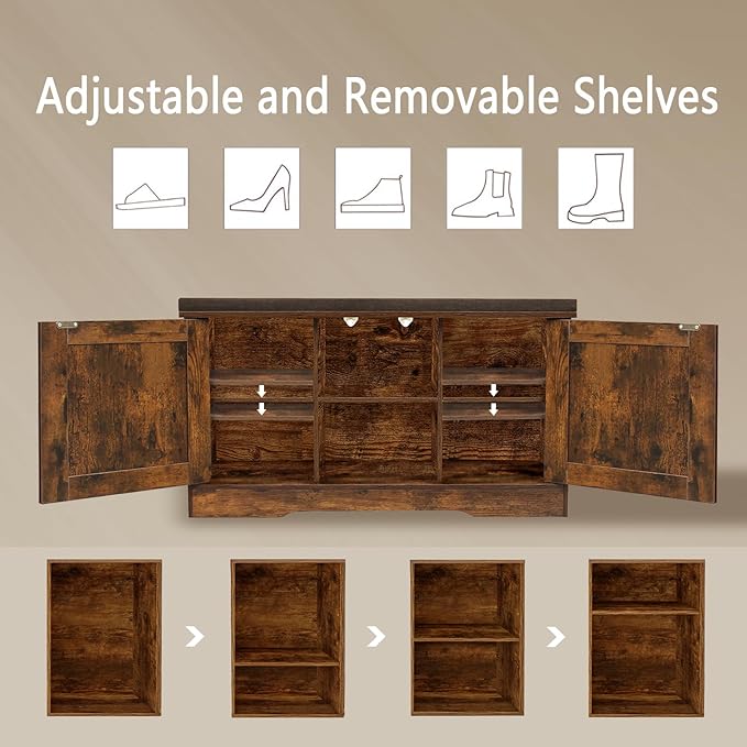 DINZI LVJ Shoe Bench, Entryway Storage Bench with Doors, Cushion, 2-Tier Shoe Rack with 6-Cubby, 31.5”L x 13.8”W Shoe Organizer Cabinet, Adjustable Shelf, Living Room, Bedroom, Rustic Brown-PawvioPets