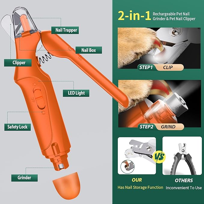 2 in 1 Dog Nail Clippers & Cat Nail Clippers Trimmers for Large Medium Small Dogs Cats Claw Trimmer Quick Sensor and Safety Guard USB Rechargeable Dogs Nail Trimmer with Catcher & 2 LED Lights-PawvioPets