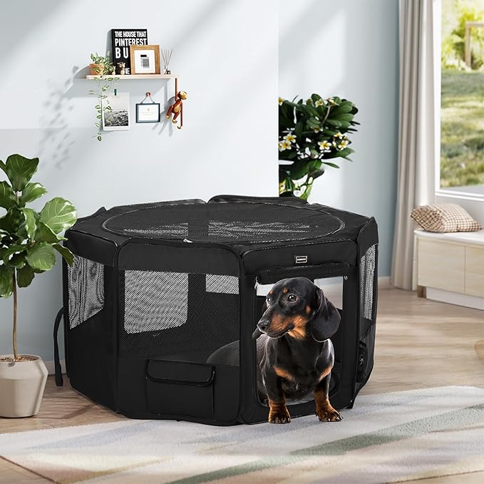 DONORO Dog Playpen Portable Pet Play Pens for Small Dog/Cat/Rabbit/Chicks, Cat Playpen Indoor/Outdoor with Carring Case, Removable Zipper Top and Bottom (Black, Small (29"x29"x15"), 8)-PawvioPets