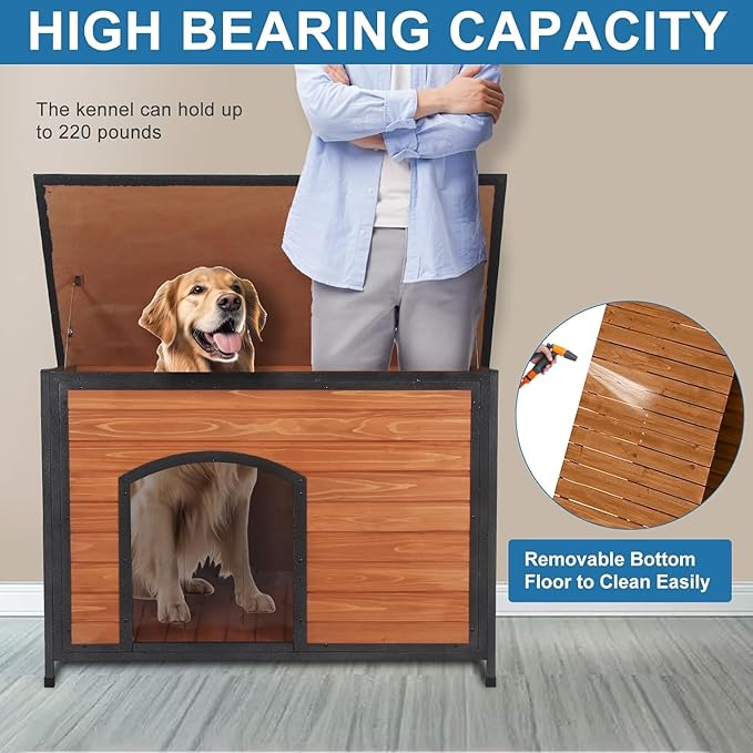 Dog House Outdoor Weatherproof 34.3" L Chew Proof Outside Dog Kennel for Small Medium Dogs with Strong Metal Chew Proof Frame Raised Design-PawvioPets