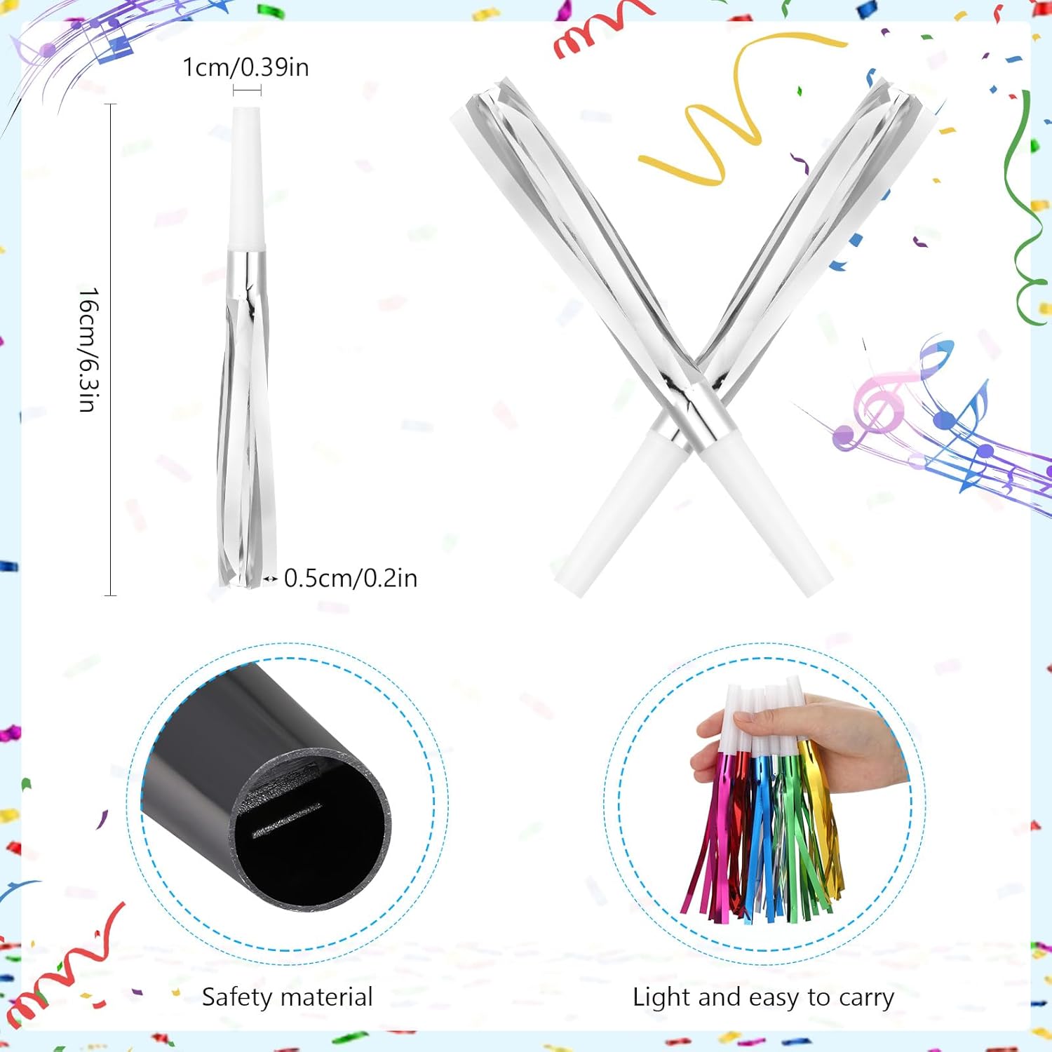 48 Pcs Silver Noise Makers Glitter Metallic Fringed Noise Makers Horns for Baby Shower, Kids Birthday, New Year Party Favor - Silver