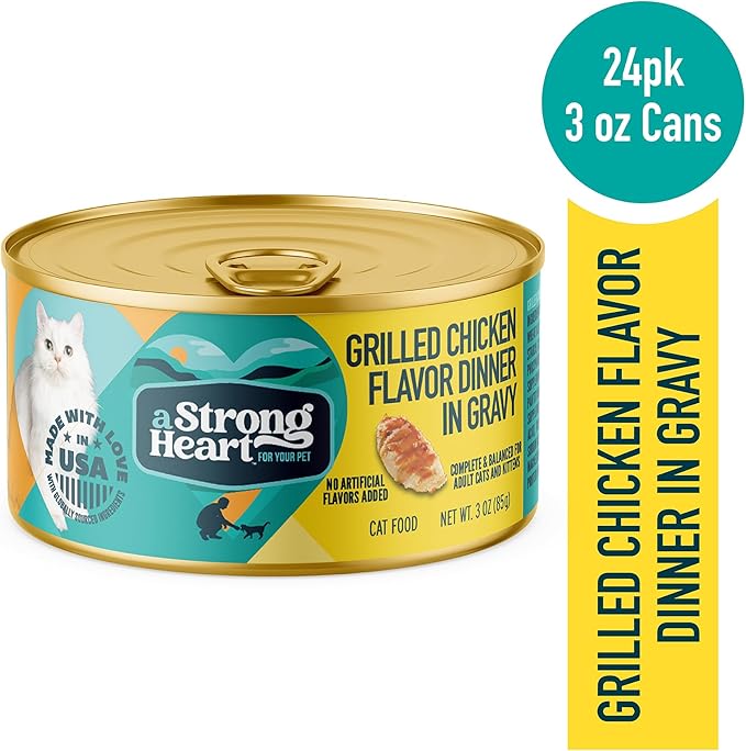 A Strong Heart Canned Wet Cat Food, Grilled Chicken Flavor in Gravy - 3 oz Cans (Pack of 24), Made in The USA with Pieces of Real Grilled Chicken-PawvioPets