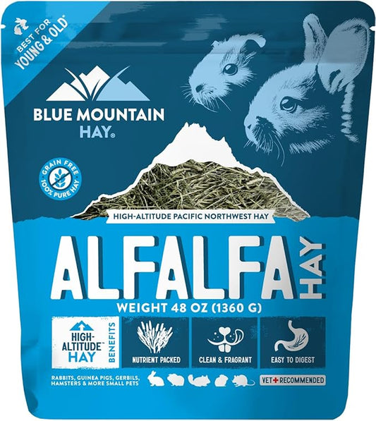 Blue Mountain Hay | Fresh Alfalfa Hay (48 Ounce) | High Leaf Retention | Nutritious High-Altitude Hay Pet Food for Rabbits, Guinea Pigs, Chinchillas, Hamsters, and Other Small Pets-PawvioPets