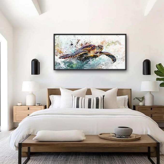 Extra Large Framed Sea Turtle Wall Art,Oversized Abstract Colorful Sea Nautical Wall Decor Pictures for Living Room,Canvas Print Painting Modern Artwork Bedroom Office Bathroom Home Decor 60L x30W-PawvioPets
