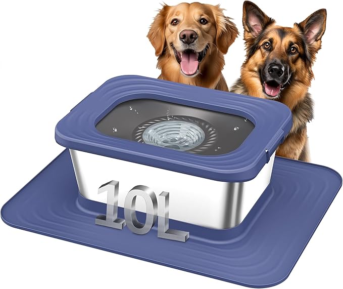 Decflow 10L Stainless Steel Dog Water Bowl, No Spill Anti-Splash Dog Bowls with XXL Silicone Mat, Spill-Proof Slow Feeder for Messy Drinkers, Heavy Duty Pet Bowls for Indoor/Outdoor Use Blue-PawvioPets
