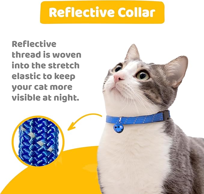 BirdsBeSafe® Break Away Cat Collar with Bell, Reflective Thread for Night Visibility, Comfortable Elastic Stretch Cat Collar to Protect Cat from Getting Stuck in The Garden.-PawvioPets