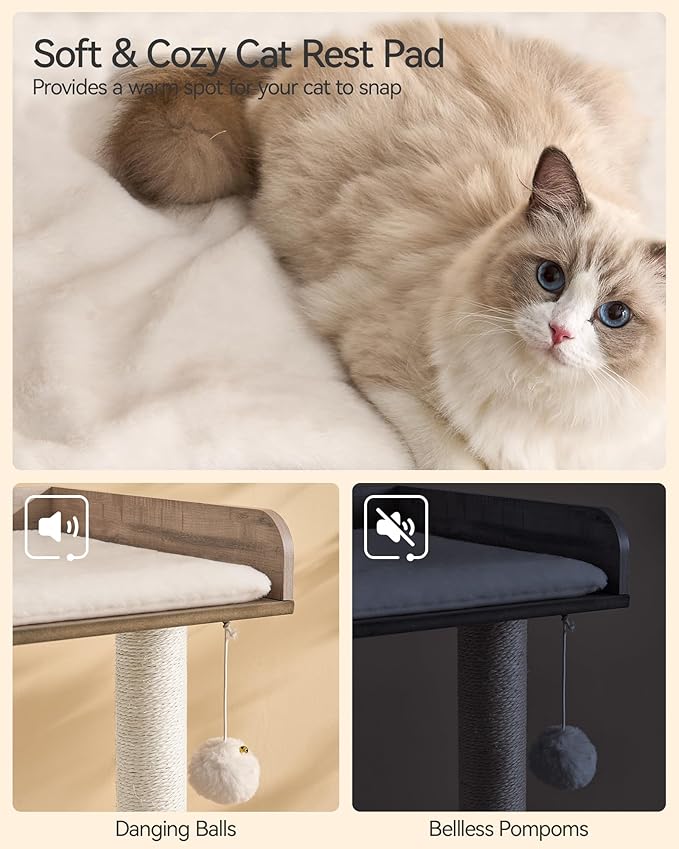 FourFurPets 43.7" Cat Tree, Modern Cat Tree Tower, Cat Tower for Indoor Cats Large Adult, Cat Condo with Scratching Post, Large Perch and Removable Pads, Greige-PawvioPets