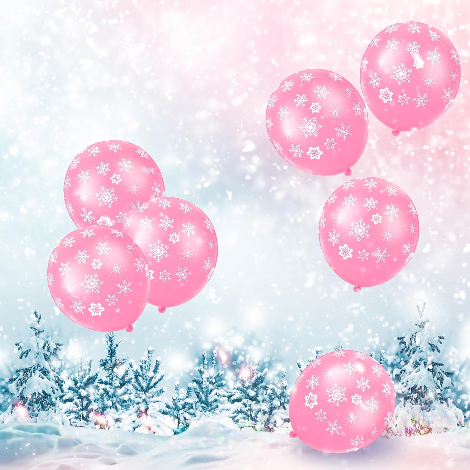 Skylety 40 Pieces Snowflake Balloons Bulk Winter Transparent Snowflake Latex Balloons for Christmas Birthday Wedding Party Decorations(Pink)